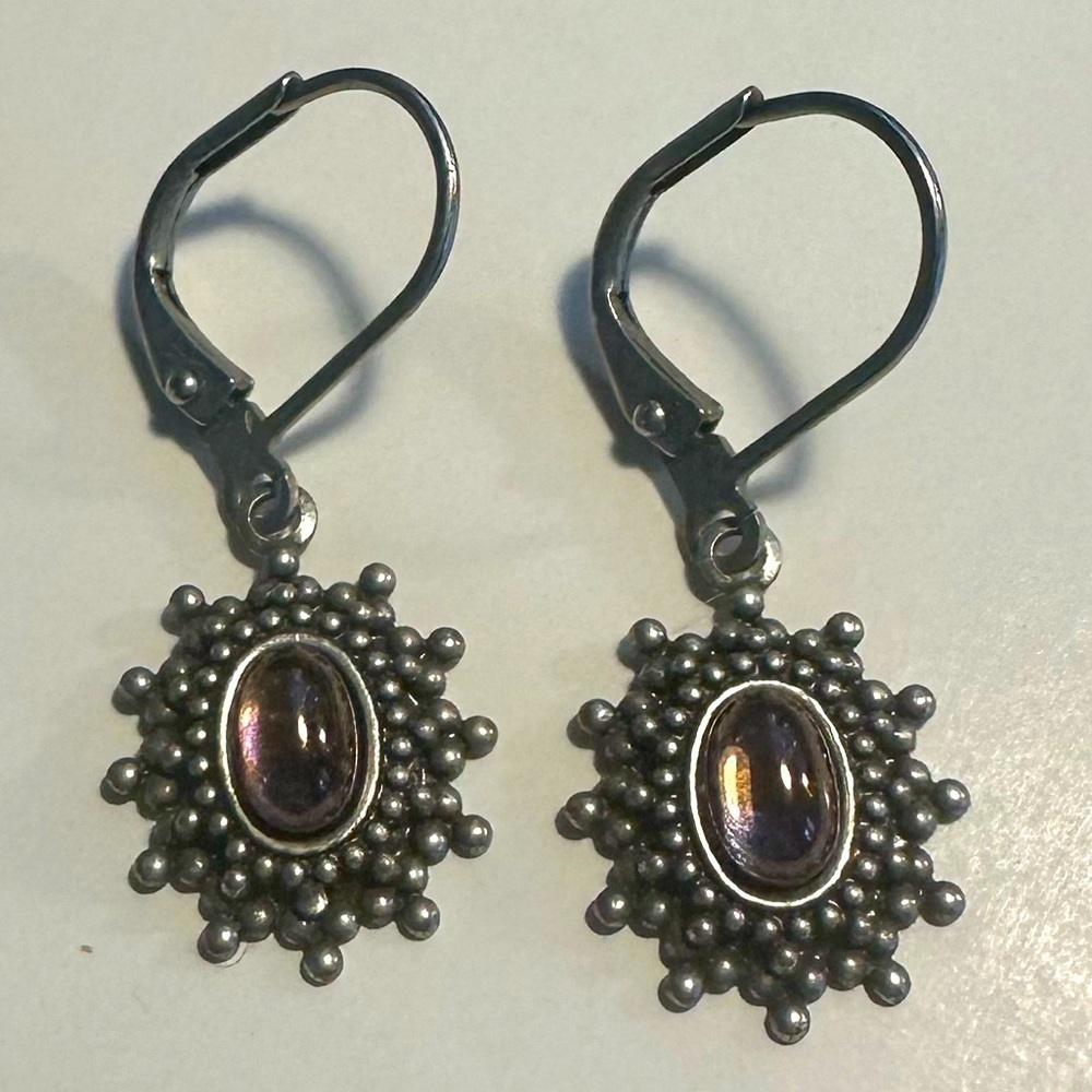 Baked Beads Lever Back Earrings Silver Opalescent Purple Pink